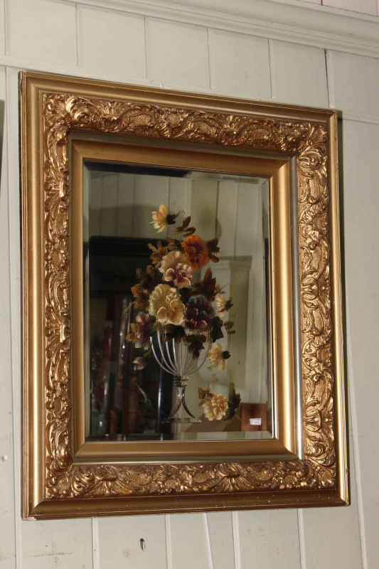 Pair Edwardian gilt framed bevelled painted wall mirrors, 76cm by 66cm overall.