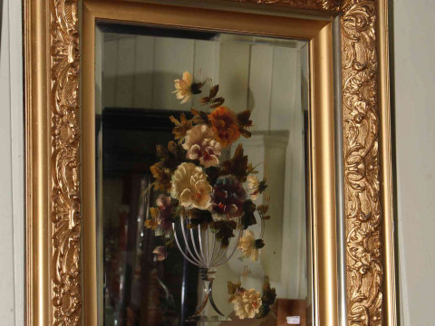 Pair Edwardian gilt framed bevelled painted wall mirrors, 76cm by 66cm overall. thumbnail