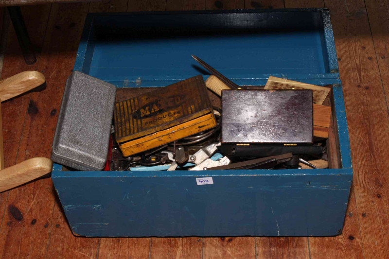 Two tool boxes and tools including chisels, planes, calipers, spanners, etc.