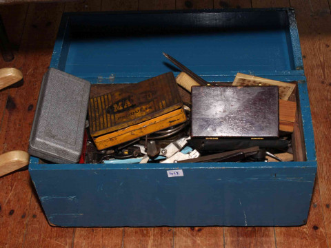 Two tool boxes and tools including chisels, planes, calipers, spanners, etc. thumbnail