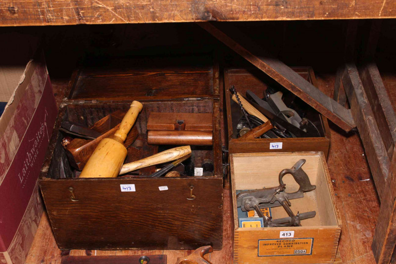 Record combination plane in original box and two boxes of vintage carpentry tools including planes.