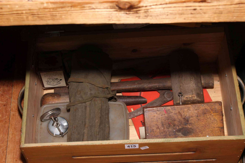 Two tool boxes and tools including vintage hand drills, drill bits and miscellaneous.