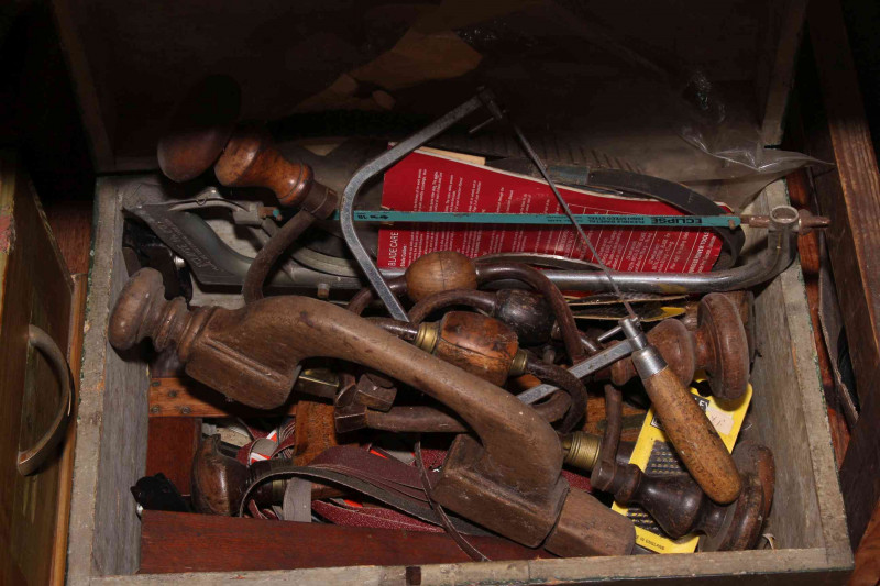 Two tool boxes and tools including vintage hand drills, drill bits and miscellaneous.