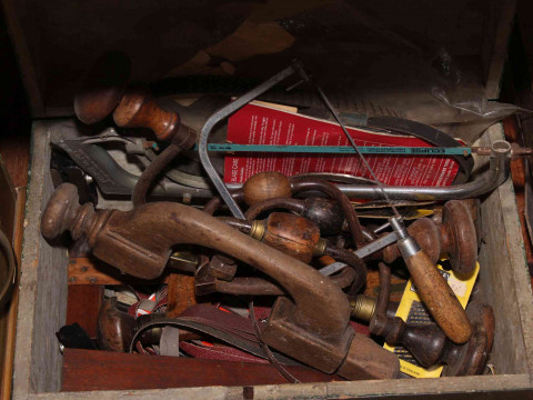 Two tool boxes and tools including vintage hand drills, drill bits and miscellaneous. thumbnail