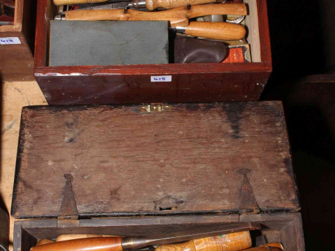 Four boxes of wood chisels and carpentry tools. thumbnail