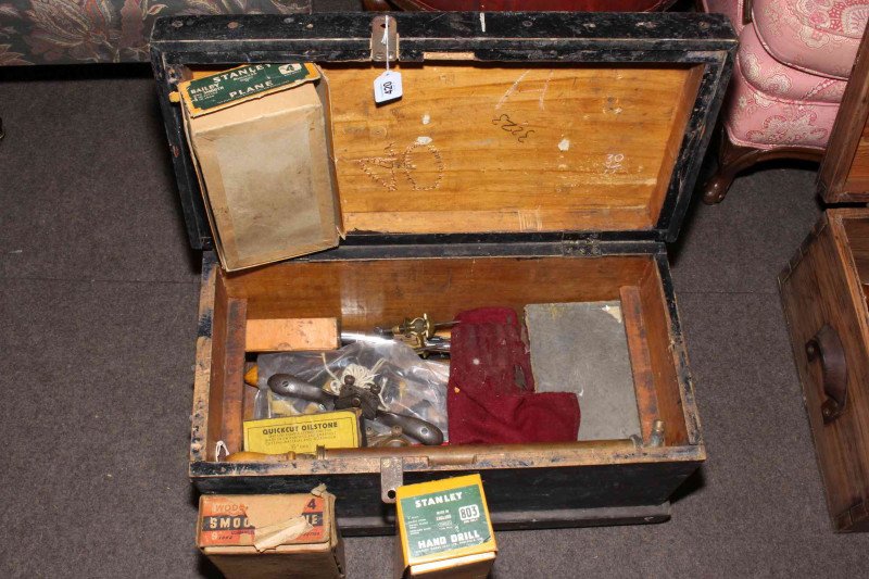 Tool box containing planes, hand drill, etc.