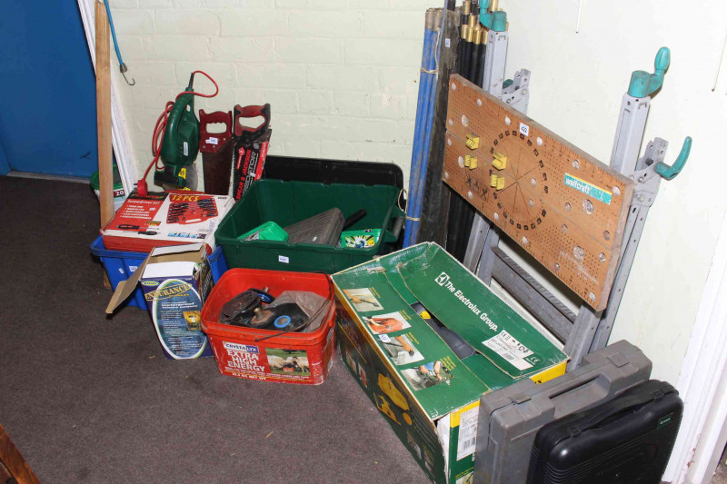 Workmate, draining rods, steam cleaner, electrical and hand tools.