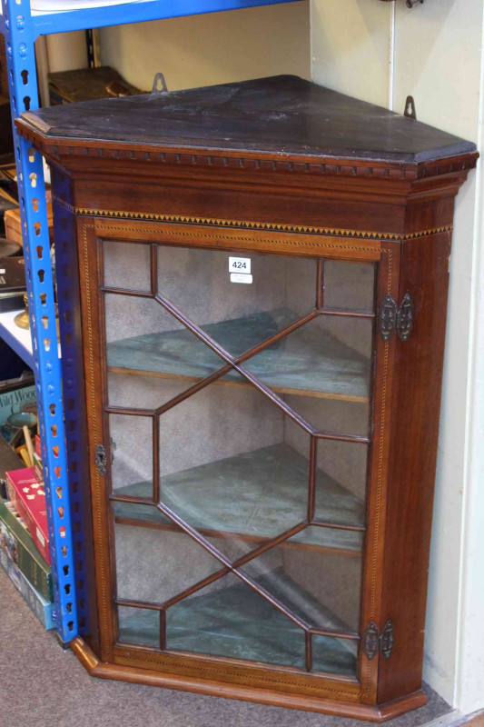 19th Century inlaid mahogany astragal glazed corner wall cabinet 94cm, pair Regency dining chairs, antique and Edwardian inlaid side chairs (5).