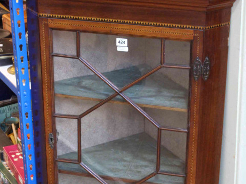 19th Century inlaid mahogany astragal glazed corner wall cabinet 94cm, pair Regency dining chairs, antique and Edwardian inlaid side chairs (5). thumbnail