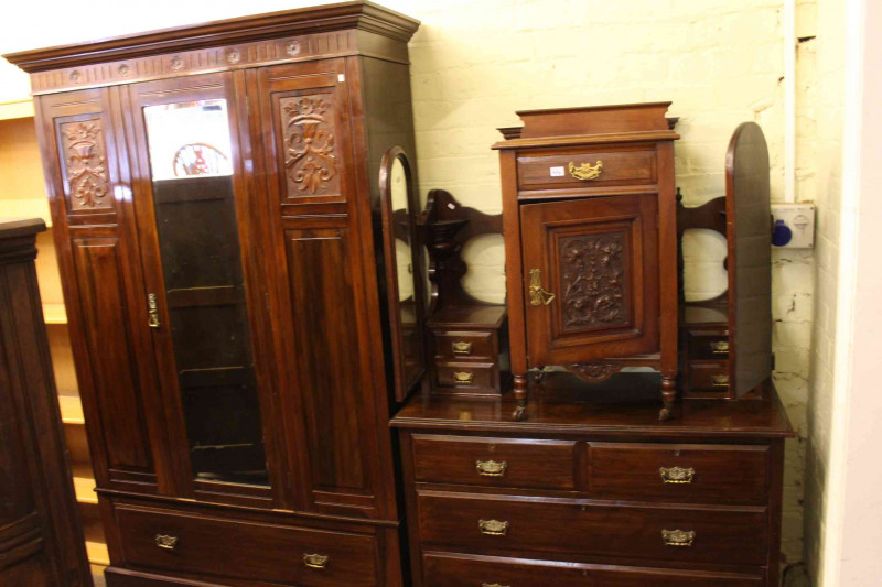 Victorian walnut mirror door wardrobe, triple mirror dressing table, pot cupboard and later rocking chair (4).