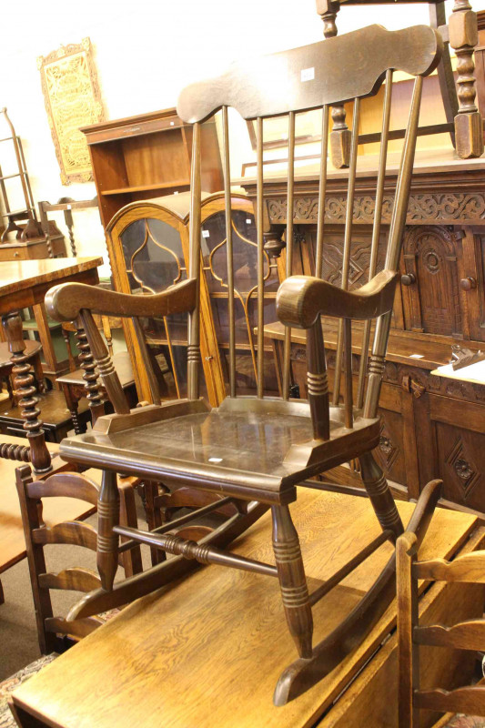 Victorian walnut mirror door wardrobe, triple mirror dressing table, pot cupboard and later rocking chair (4).