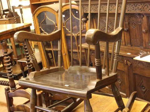 Victorian walnut mirror door wardrobe, triple mirror dressing table, pot cupboard and later rocking chair (4). thumbnail