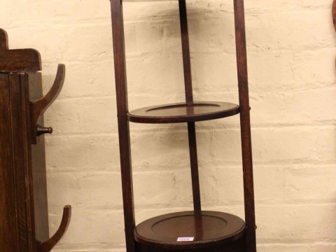 1920's oak Demi Lune hall table, oak barley twist stick stand and oak three tier cakestand (3). thumbnail
