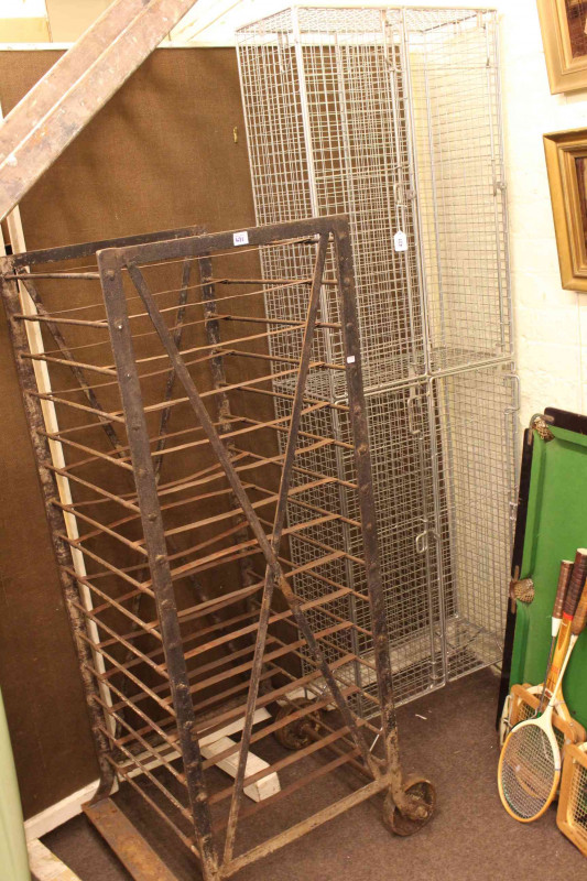 Vintage four compartment wire locker unit 198cm by 60cm and early 20th Century portable bakers oven rack, 152cm by 57cm by 54cm (2).