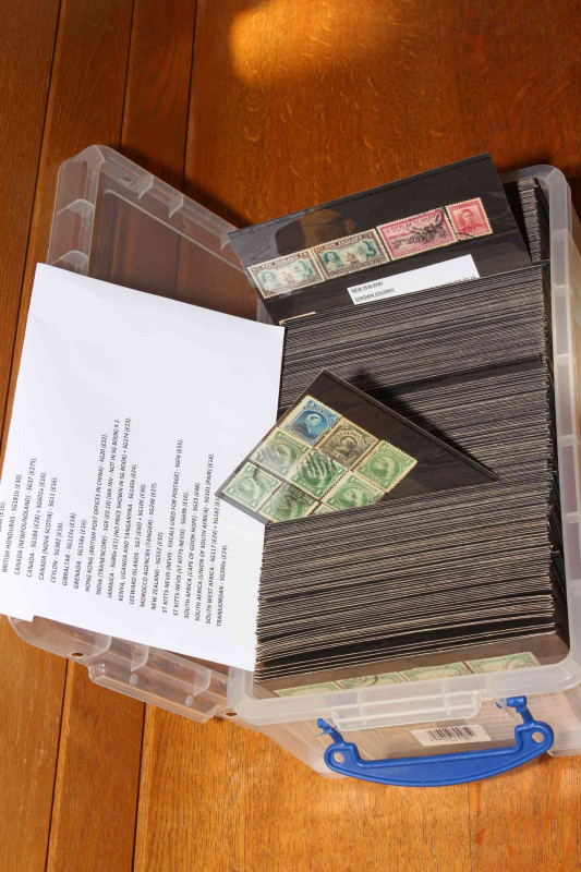 Box of Commonwealth stamp stockcards, approximately 380 dating c1840 to 1970 including Australia SG360, Canada (Newfoundland) SG37, Canada SG184, Jamaica SG174, Leeward Islands SG7, St. Kitts-Nevis (Fiscals) SGF6, Cape of Good Hope SG23, SOuth West Africa