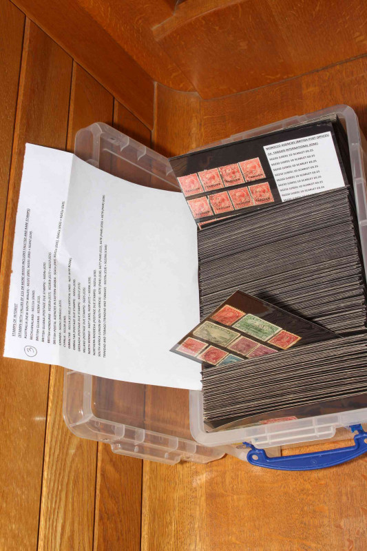 Box of Commonwealth stamp stockcards, approximately 380 dating c1840 to 1970 including Australia (New South Wales) SG101, Bechuanaland SG111e, British Postal Agencies in Eastern Arabia SG41a, Cyprus SG128, Gibraltar SGD2a, Ireland SGD5, North Borneo SG27,