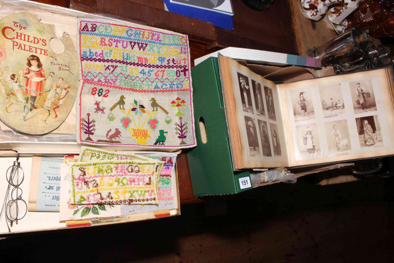 Albumen photo album dating c1900 including Port Said shipping, Mousehole near Penzance, native village working folk, Indian military, Malta Great Harbour, Ceylon railway locomotive. Together with 1882 sampler, Wintergreen Porous plaster, spectacles, Memor
