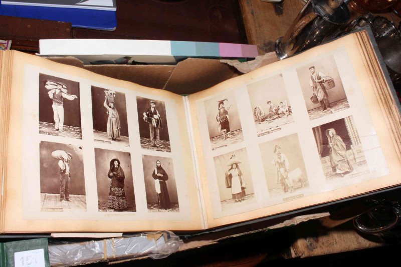 Albumen photo album dating c1900 including Port Said shipping, Mousehole near Penzance, native village working folk, Indian military, Malta Great Harbour, Ceylon railway locomotive. Together with 1882 sampler, Wintergreen Porous plaster, spectacles, Memor