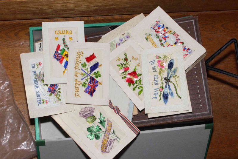 Collection of postcards including twelve embroidered silk military silks, Shirburn St Watlington - Bignell Bros, Dover military camp 1915 RP, Wareham Camp, Swincombe House RP, Swirburn Lodge RP, Australiains at service Harefield, Comforting Thoughts bookl