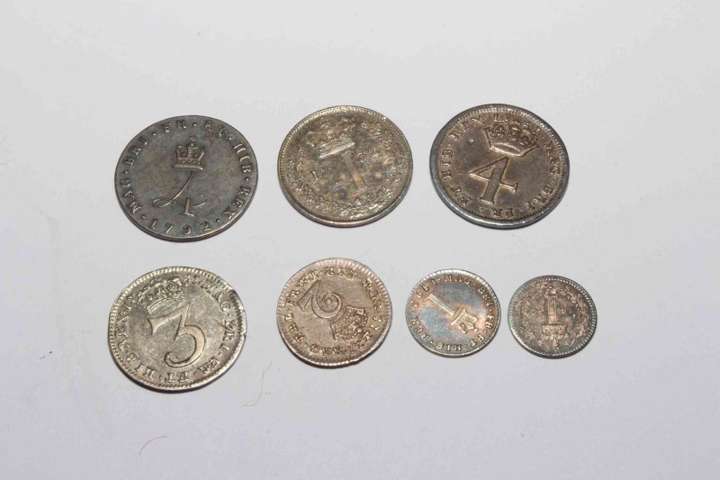 Collection of Maundy silver coins including 1727 George II (2d, 3d and 4d), 1792 George III wire money (4d) and 1d, 1832 William IV (4d and 1d) (7).