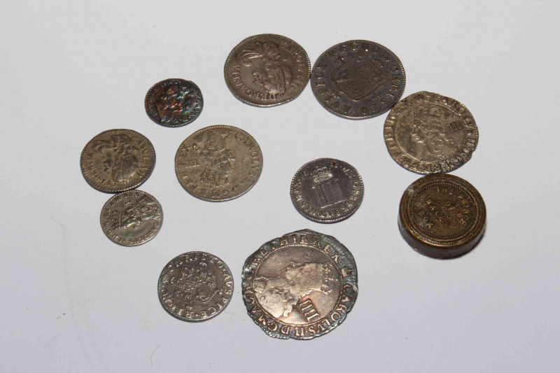 Collection of coins (Maundy, milled and others) including 1694 Mary II 1d, 1678 Charles II 3d and 2d, 1688 James II 2d, c1680 Charles II (1d, 2d, 3d and 4d) (10).