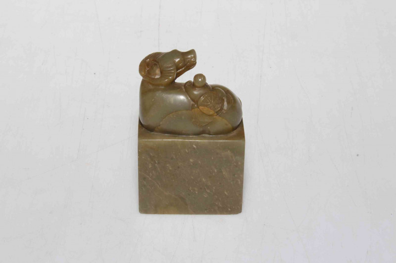 Chinese soapstone/marble carving of figure on water buffalo, 8cm.