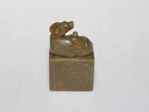 Chinese soapstone/marble carving of figure on water buffalo, 8cm. thumbnail