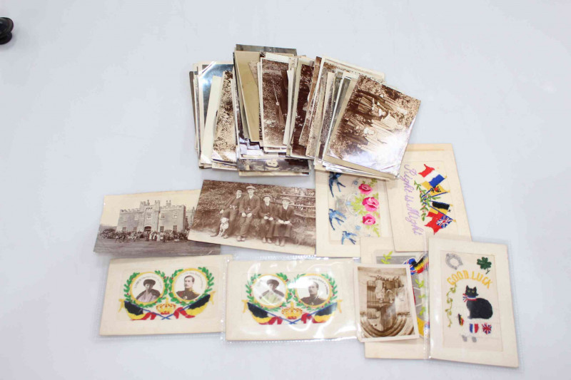 Collection of postcards including embroidered military silks (good luck black cat, Belgian King and Queen), fox hunt meeting albumen photograph, Dalmatian dog, social history RP interest.