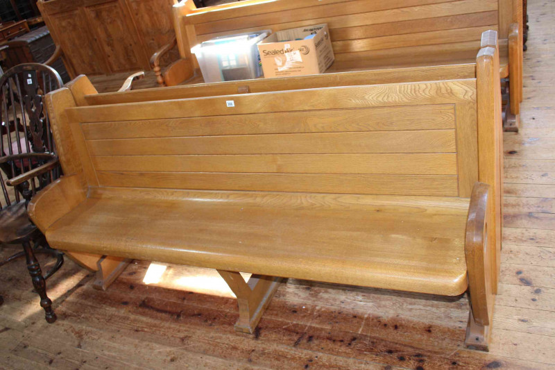Pair oak church pews, 181cm long.