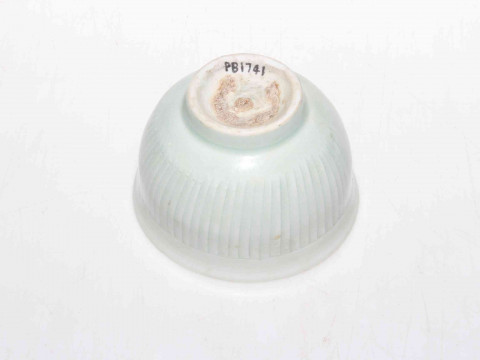 Chinese Sony Dynasty Qingbai tea bowl with vertical line decoration, collectors reference to base, 8.5cm diameter. thumbnail