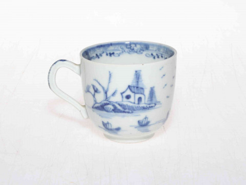 19th Century Oriental pottery blue and white cup decorated with trees and flowers. thumbnail