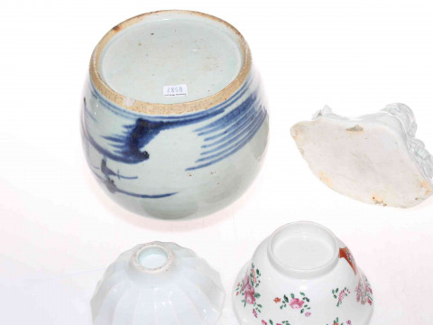 Four pieces of Chinese ceramics comprising Buddha, ginger jar, famille rose bowl and fluted bowl. thumbnail