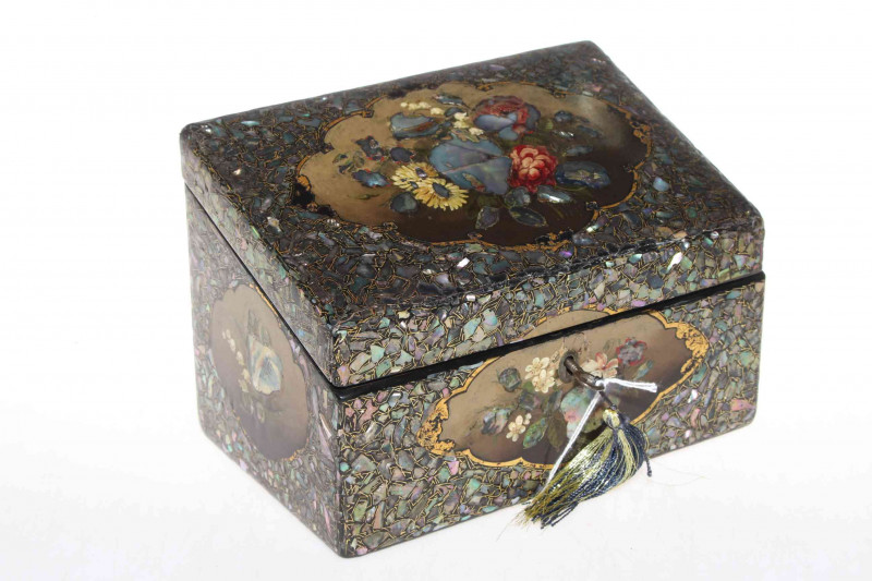 Victorian papier-mache stationery box, with mother of pearl inlay and flower decoration, 21cm across.