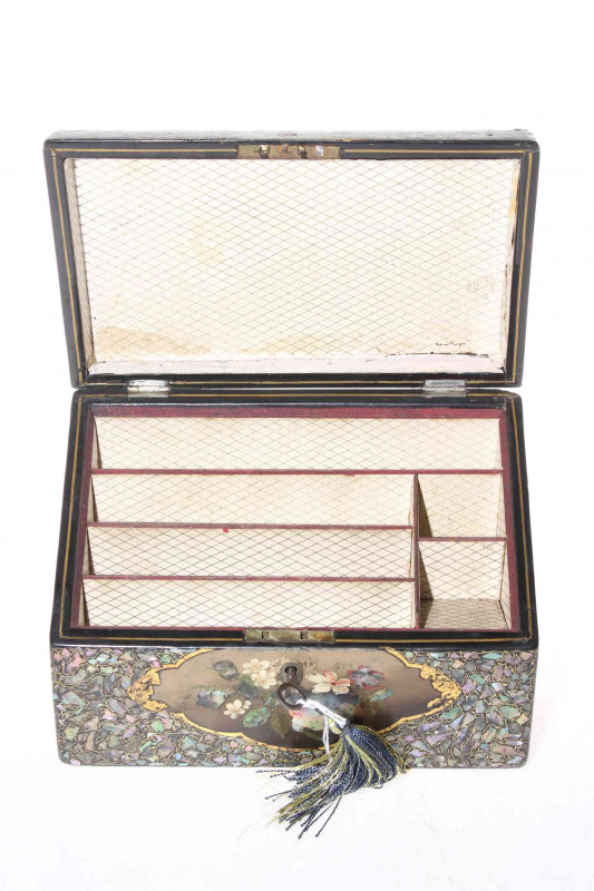 Victorian papier-mache stationery box, with mother of pearl inlay and flower decoration, 21cm across.