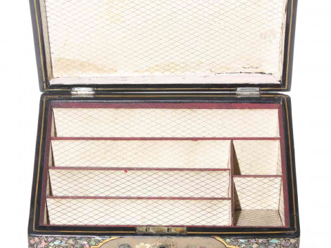 Victorian papier-mache stationery box, with mother of pearl inlay and flower decoration, 21cm across. thumbnail