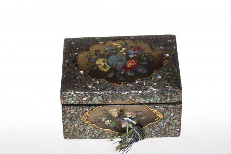 Victorian papier-mache stationery box, with mother of pearl inlay and flower decoration, 21cm across.