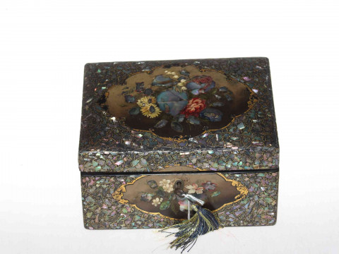 Victorian papier-mache stationery box, with mother of pearl inlay and flower decoration, 21cm across. thumbnail