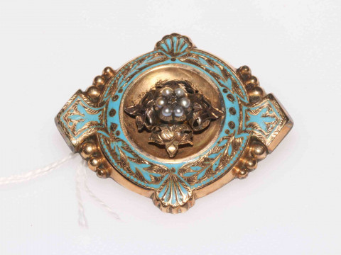 Victorian gold mourning brooch, having blue enamel decoration and set...