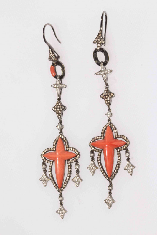 Pair coral and diamond drop earrings set in 18 carat gold.