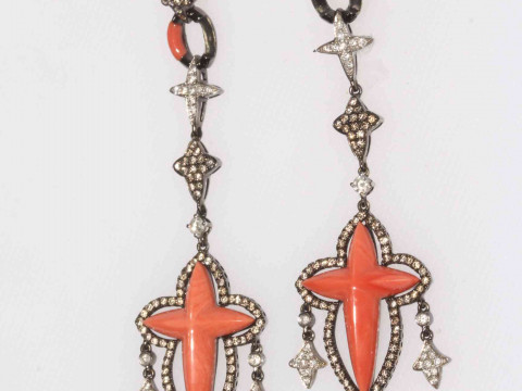 Pair coral and diamond drop earrings set in 18 carat gold.