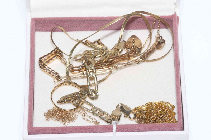 9 carat gold chains, gate bracelet and ring, and another bracelet.