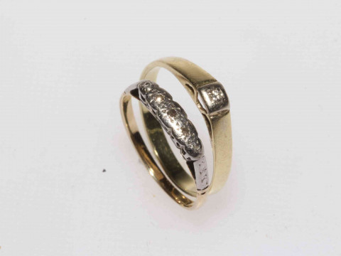 Two gold rings, one with single stone diamond, the other with five stones...
