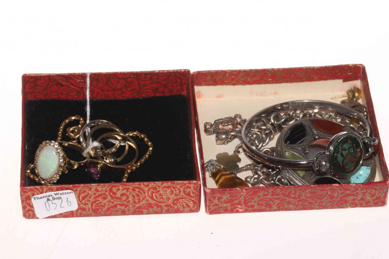 Jewellery including 14k opal ring, 9 carat gold bracelet, three gold rings, 9 carat gold, sapphire and diamond pendant, together with silver charm bracelet, etc.