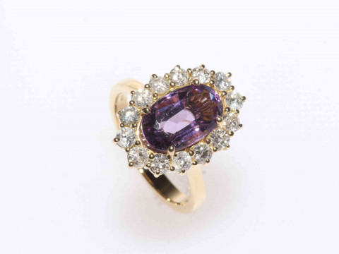 Amethyst and diamond 18 carat gold cluster ring, with 3 carat amethyst,...