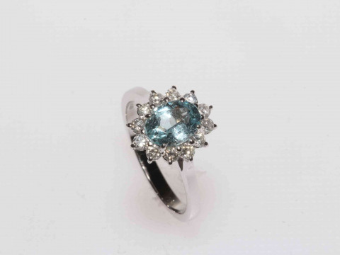Aquamarine and diamond 18 carat white gold cluster ring, having approximate...