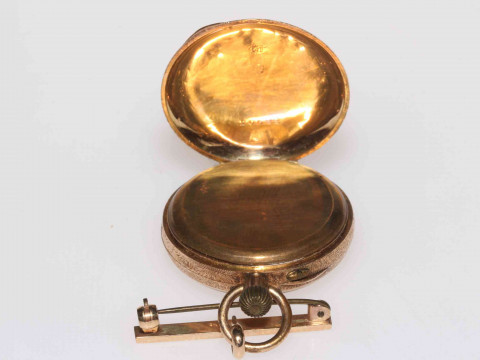 14k gold keyless fob watch with 9 carat gold bar brooch. thumbnail