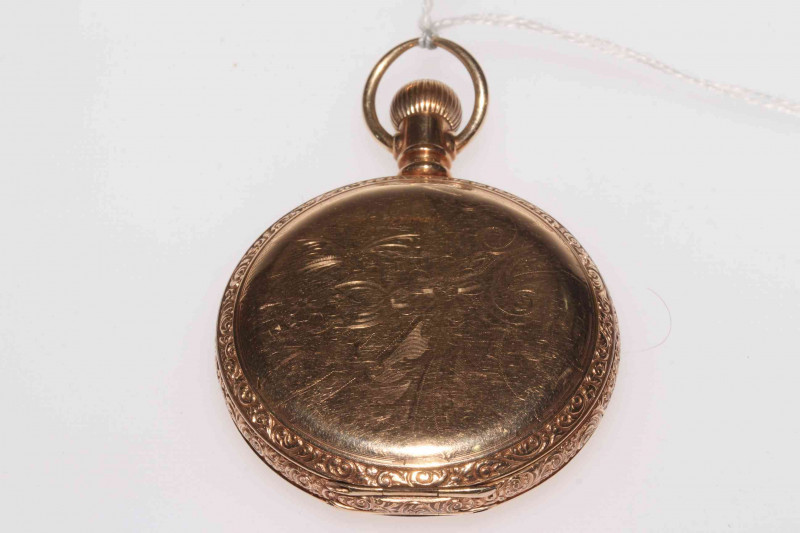 Waltham keyless hunter in ornate decorated case.