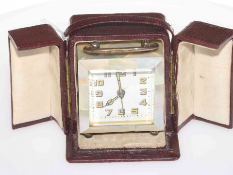 Mother of pearl boudoir clock with travel case, clock 7.5cm.