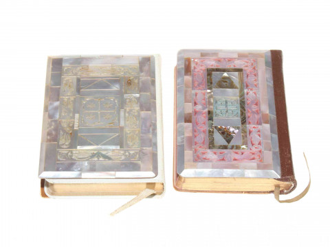 Two ornate mother of pearl veneered Prayer books, largest 12cm by 8.5cm. thumbnail