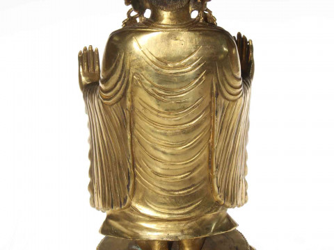 Tibetan gilt bronze Bodhisattva, standing with arms and palms forward, 33cm. thumbnail